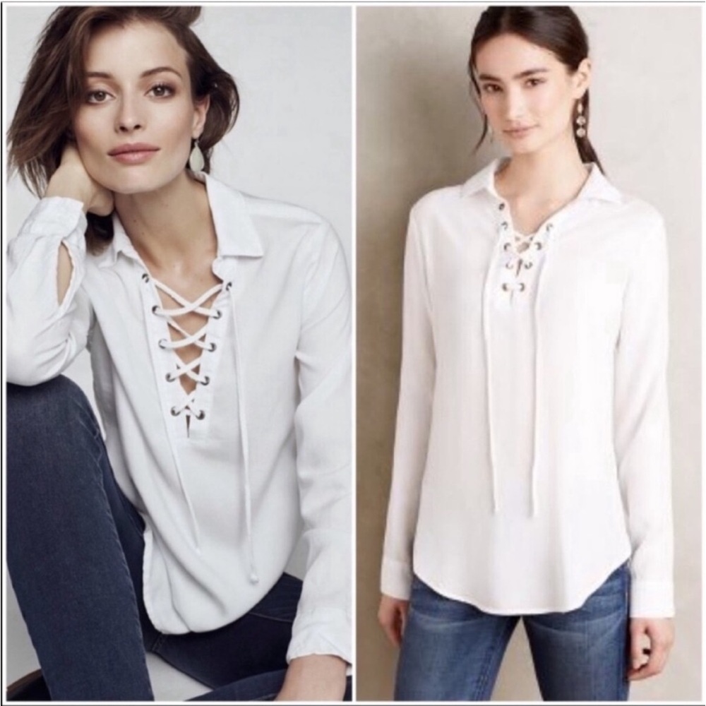 Anthropologie boho White Lace-Up Collared Top by Cloth and Stone - Picture 4 of 5
